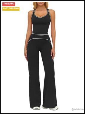 Women's Yoga Jogger Compression Tank Top Bell Bottom Flare Pants Leggings Set